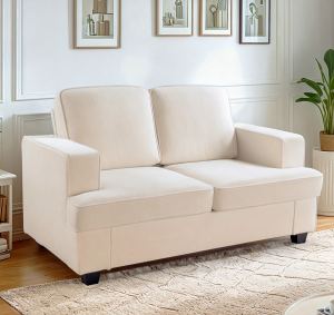 Causeuse velours moderne, 2 places, assise profonde, ivoire
