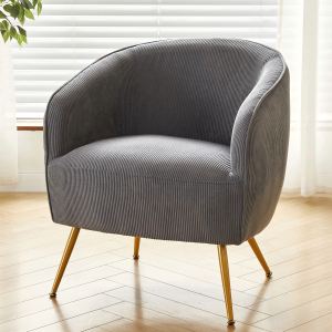 Fauteuil accent corduroy, pieds or, cabarrel moderne