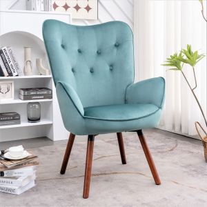 Fauteuil wingback mid-century moderne boutons polyester pieds bois