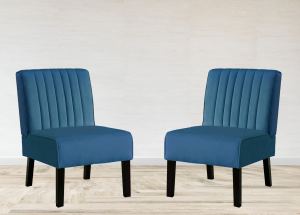 Ens. 2 fauteuils Reese velours bleu, design minimaliste, bois massif