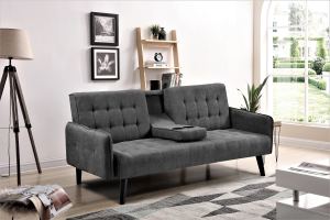 Causeuse convertible 72" gris foncé - Dossier pliant, porte-gobelet