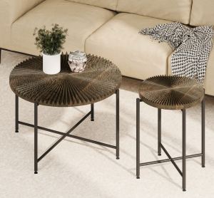 Ensemble table café/bout 2 pcs, motif radial, noyer foncé