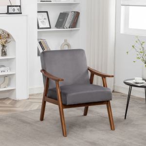 Fauteuil accent velours gris cadre bois mid-century