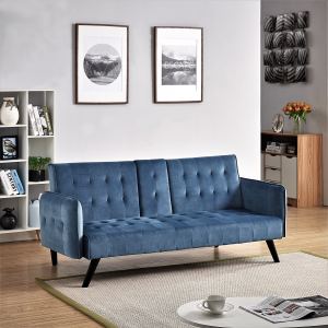 Canapé convertible velours bleu 72po, porte-gobelets, futon