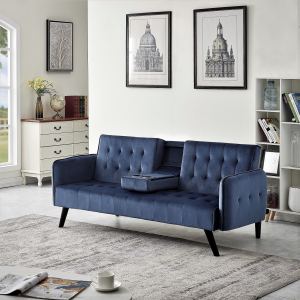 Canapé convertible velours bleu 72po, porte-gobelets, futon