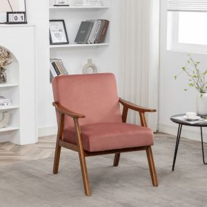 Fauteuil accent velours rose cadre bois mid-century