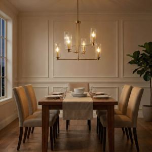 Lustre 6 lumières verre nervuré transparent laiton satiné