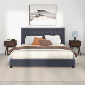 Donald Mid Century Modern Grey Velvet Platform Bed King