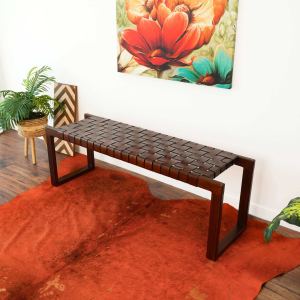Christina Mid-Century Modern Tan Leather Bench With Solid Wood Frame And Tapered Legs 18.5  H X 55  W X 15.7  D For Living Room Bedroom Waiting Room