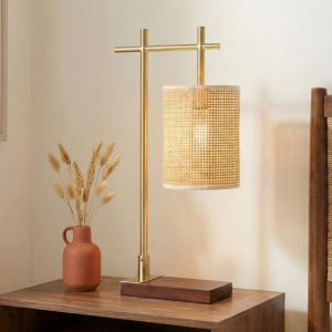 Lampe table chambre marron bronze 110V, base bambou clair lune