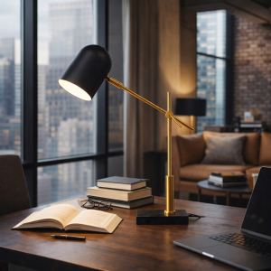 Lampe de table LED hôtel moderne, Lumora, noir extérieur blanc intérieur