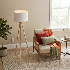 Lampadaire coin tall DEL, bois, 3 pieds, naturel, chambre/bureau
