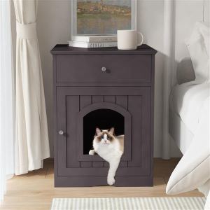 Maison chat bois litière tiroir table nuit brun
