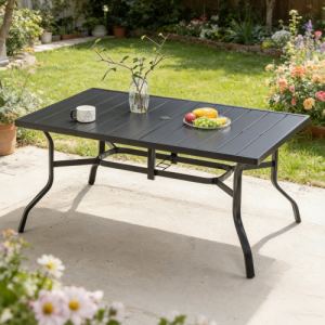 Table à manger extérieur 6 places acier revêtu trou parasol