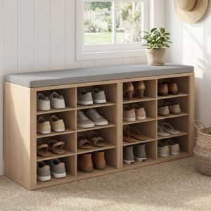 Banc rangement chaussures 16 casiers coussin vestiaire entrée