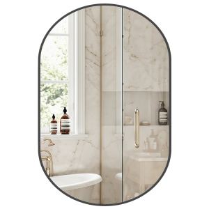 Miroir salle bain ovale, cadre métal inoxydable, verre trempé