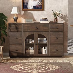 Cabinet rangement 2 portes 7 tiroirs, brun foncé
