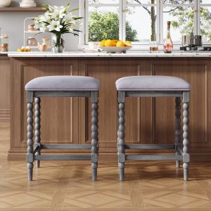 2 tabourets comptoir 26 po, assise matelassée, bois acacia, gris