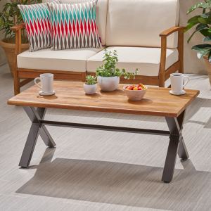 Table à café extérieure bois acacia fini teck, métal rustique, 18 x 27,25 x 43,25 po