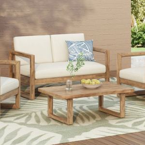 Ensemble loveseat acacia bois, table café, coussins