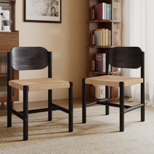 Chaises de salle à manger bois, siège tressé beige, ensemble de 2