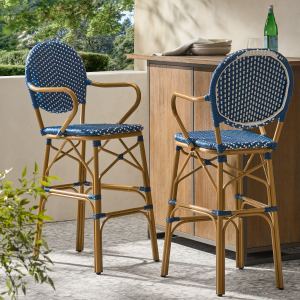 Tabourets bar français 29.5" osier aluminium bleu, ensemble de 2