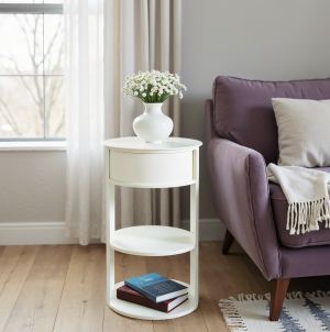 Table d'appoint 3 étages métal blanc porte coulissante
