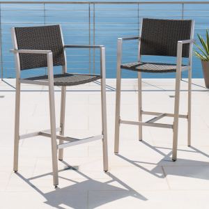 Outdoor 29.50 Rust-Proof Aluminum Barstools With PE Rattan Seat And Backrest, Set Of 2, Silver & Grey