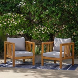 Chaises club acacia 2pc coussin épais gris avec pieds ajustables
