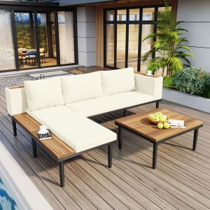 Ensemble meublés patio luxe bois acacia canapé L table basse beige