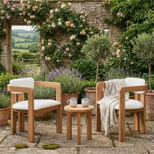 Ensemble 2 chaises salle à manger acacia bois coussins, beige résistant