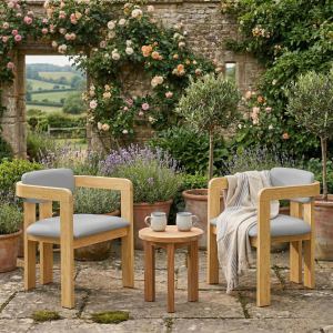 Ensemble 2 chaises patio acacia bois coussins gris