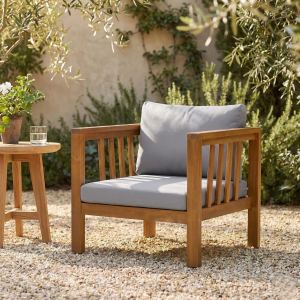 Fauteuil club acacia bois moderne coussin épais gris