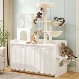 50.6  Cat Tree With Litter Box Enclosure, 5Cat Tower With Sisal Scratching Post And Storage Space, Hidden Litter Enclosure Furniture, All-in-One Modern Cat Condo With House, Hammock And Perch, White