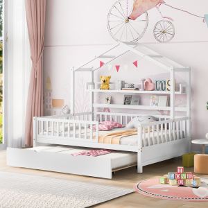 Lit maison grand format bois tiroir jumeaux, blanc