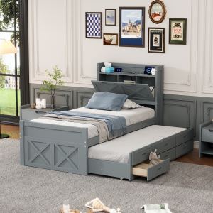 Lit twin bois tiroir trundle gris rangement
