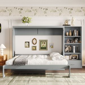 Lit Murphy grand lit avec rangements hauteur ajustable et tablette, gris