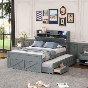 Lit grand format avec rangement tête lit, base twin tiroirs gris