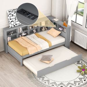 Lit gigogne twin bois rangement et ports USB, gris