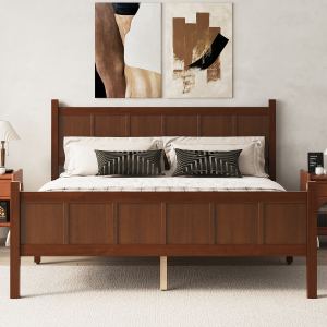 Lit plateforme queen bois, tête/pied lit, noyer foncé