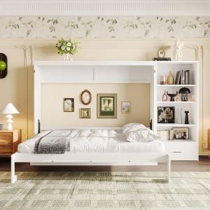 Queen Size Murphy Bed With Height Adjustable Storage Compartments And Shelf, Wall Bed Frame With 1 Drawer, Multifunctional Foldable Platform Bed For Bedroom,Guest Room, White OLD SKU N733S309223K