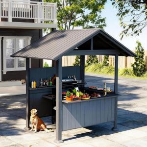 Gazébo BBQ toit dur 9.4x6.2pi, rayons résine, acier galvanisé gris