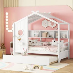 Lit maison twin roulotte rangement blanc