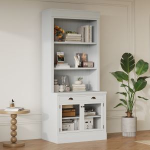 Bibliothèque 83,4" moderne, 2 portes verre, 1 tiroir, blanc