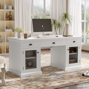 Bureau exécutif 67'', 2 portes verre, 3 tiroirs, blanc