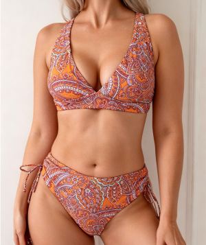 Bikini bohème à motif cachemire, haut plongeant ajustable et bas taille haute, 2 pièces