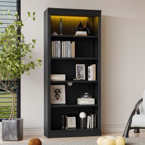 Bibliothèque 83,4" bois avec bande lumineuse, 5 étages, noir