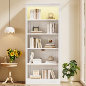 Bibliothèque 83,4" bois lumineuse, 5 étages, blanc