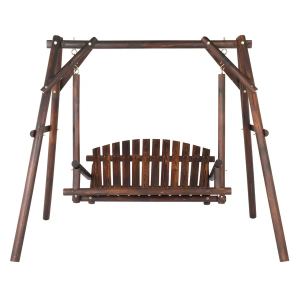 6.5ft Hardwood Patio Garden Outdoor Porch Swing With Stand, Rustic Loveseat Swing Chair For 2 Person, Carbonized