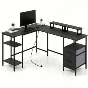 Bureau en L avec station charge, support moniteur, tiroirs